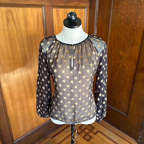 Flowy Black and Gold Star Print Blouse Top by Diane Von Furstenberg DVF, Silk - Picture 2 of 6